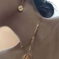 18k gold Athena owl coin pendant earring, gold zodiac earring,Star earring,Disk ear jacket,zodiac ea