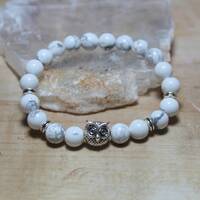 Howlite Gemstone Bracelet, Silver Owl Charm, Calming White Stone