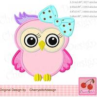 Owl Girly owl with bow Machine Embroidery Applique Design AN0214