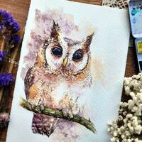 Black-eyes Owl- ORIGINAL watercolor painting 7.5x11 inches,Hand painted by Yui Chatkamol,owl art, mi