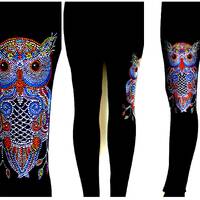 Regular Size Full Length Leggings All Rhinestone Embellished Multi-Colored Colorful Owl Design