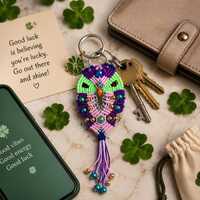 Lucky Macrame Owl Keychain, Handmade Boho Owl Bag Charm, Colorful Beaded Bird Accessory Unique Spiri