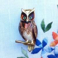 Vintage Owl Brooch Pin, Brown Enamel on Gold-tone Metal, Green Rhinestone Eyes, Owl on Branch, Vinta