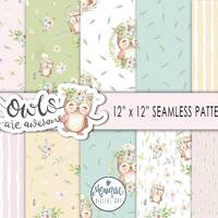 Cute Owl papers, woodland owl, digital seamless pattern, tileable, owls watercolor, owl flower crown