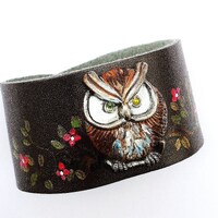 Adjustable Unique Hand Painted Owl and Flowers Boho Cuff Bracelet Bohemian Jewelry FREE SHIPPING