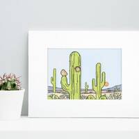 Owls and Saguaro Cactus Print Whimsical South West Desert Illustration Wall Art
