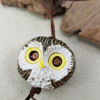 Vintage Pottery Handmade Owl Necklace on Leather Cord