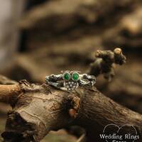 Owl on the branch silver engagement ring with emeralds