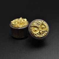 Sono Wood With Brass Owl Inlay Double Flare Organic Wood Ear Plug Stretcher | Sizes 10mm (00g) - 30m