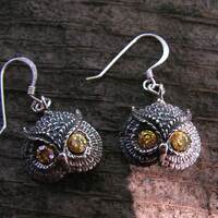 Owl Earrings With Citrine Eyes In Sterling Silver
