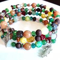 Fall Memory Wire Charm Bracelet, Owl & Leaf Charms With Glass Beads