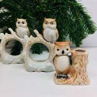 Vintage Otagiri Porcelain Owl Napkin Rings and Toothpick Holder