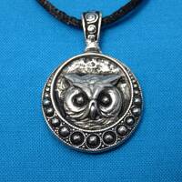 Owl Face Necklace, Handmade Cast Silver Pewter Metal Owl Face Talisman Necklace Pendant, Great Gift 