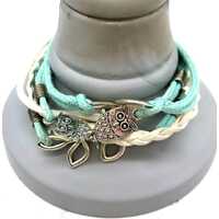Owl Charm Bracelet With Silver Leaf Accent Braided Mint & White Cord Adjustable Chain Closure