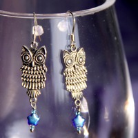 Sterling Silver Owl Earrings: Aurora Borealis Blue Star Pewter Charms