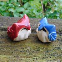 Red White and Blue Owl Terrarium Figurines (set of 2) - Ceramic Owl Miniature - Pottery Owl - Terrar