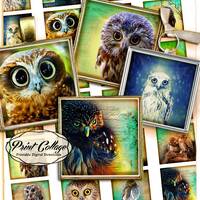 Owls Digital Collage Sheet, Square Printable, Scrabble Tile images, 1.5 inch, 1 inch, 20mm for squar