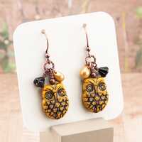 Autumn Owl Earrings, Dark Mustard Yellow Bead Dangle Earrings on Antiqued Copper Hooks, made with Cz