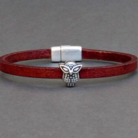 Mens Leather Owl Bracelet: Silver Plated Charm, Magnetic Clasp