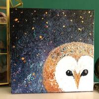Custom Artwork, Baby Barn Owl Painting, Starry Night Sky Canvas Art, Gold Embellished