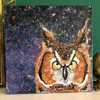 Horned Owl Painting, Original Acrylic Owl Art, Celestial Night Sky, 8x8 Canvas