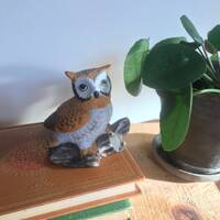 Enesco Ceramic Owl / Vintage Owl Figurine / Owl on a Branch / 1970s Bird Decor / Porcelain