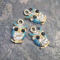 Owl Charms with rhinestone and enamel detail Gold Owl charms Package of 3 charms Great sparkle!