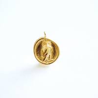 Round Owl Charm - 18k gold plated over 925 sterling silver, Athena Goddess Greek Owl Wisdom, Antique