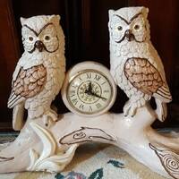 Vintage Lanshire  Ceramic Chalkware 2 Owl Glass Eyes Mantel Clock 21"x 14