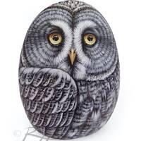 Original Hand Painted Great Grey Owl Rock | Owl Painted Stone Bird Art Painted Pebbles by Roberto Ri