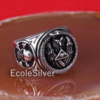 Owl and Wings Illuminati Skull and Bones Desing Handcrafting Sterling Silver 925k Mens Ring