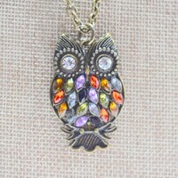 Necklace Owl Large Pendant Matinee Length Costume Jewelry Signed Tag Metal Alloy Crystals
