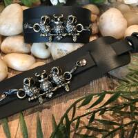 THREE OWLS Black Leather Cuff Bracelet