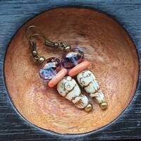 Perched Owl Earrings | Ivory Owl Czech Bead Earrings with Radiant Blue Rondelle Czech Beads and Oran