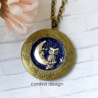 Moon Owl Locket Pendant Necklace Crescent Moon Night Blue Shinning Star Galaxy Fantasy Art Jewelry A