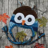 Ready to ship owl hat, 6&ndash;12-month baby hat crochet owl hat, blue owl hat, owl beanie, owl earf
