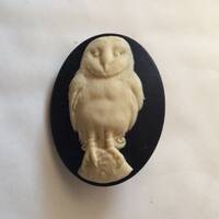Owl resin cameo black and cream bird brooch