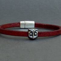 Mens Leather Owl Bracelet: Silver Plated Charm, Magnetic Clasp