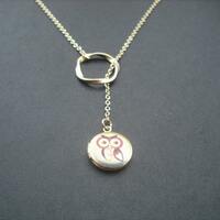 Gold Locket Lariat with Whimsical Owl Mini Locket and Twisted Gold Circle