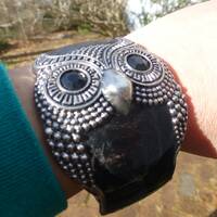Amazing Vintage Owl Wide Bangle Black Enamel Bracelet, Thick and Bold, Wonderful Unique Owl Bracelet