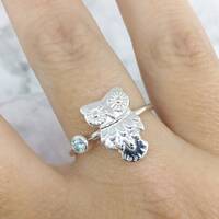 March Birthstone Ring, Blue Stone Ring, Silver Owl Ring, Owl Jewelry