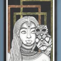 The Owl Whispers, black woman, owl, stippling, dot work, geometric