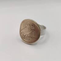 Handmade Vintage Coin Ring, Greek Owl Coin Sterling Silver Ring
