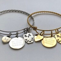 Owl Charm Bracelet: Engraved Stainless Steel Bangle, Initial Charm