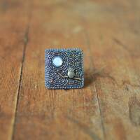 Bead Embroidery Owl Brooch with Sky and Full Moon, Nature Lover Pin and Gift Idea