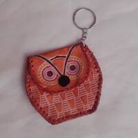 Leather Owl Purse and Key Chain / Fob - A Handmade Little Tan Owl Purse with a Key Ring