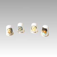 Four English porcelain thimbles with owls and horse, vintage collectible fine bone china thimbles
