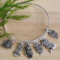 Owls Hoot Hoot 6 different Owls Silver charms Expandable Bangle Bracelet