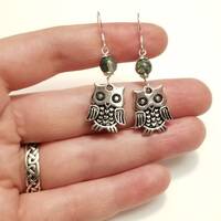 Silver Owl Dangle Earrings with Green Moss Agate Gemstones