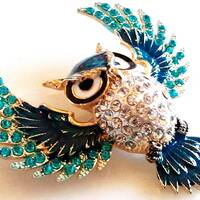 RHINESTONE OWL BROOCH! Enameled Wise Figural, Animal, Bird Pin, Pendant, Accessory! Radiant Shining 